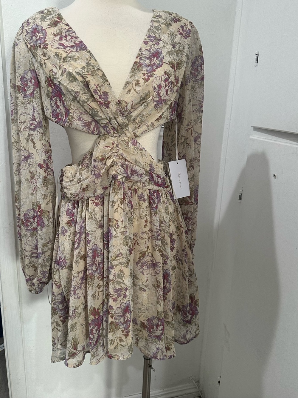 Floral Cutout Mini Dress in Beige and Lavender — Women